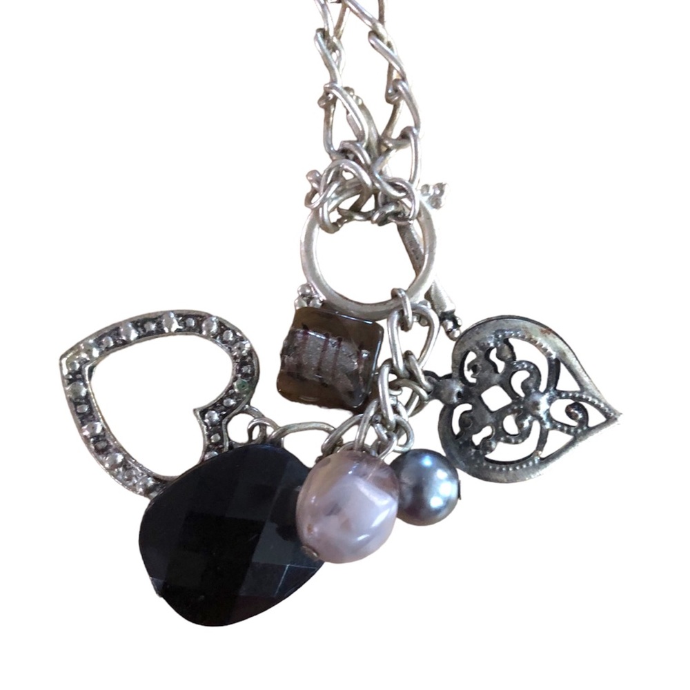 Dangle Romantic Goth Charms Toggle Silver Tone Hearts Y2K Necklace Choker - Picture 4 of 6